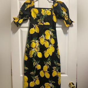 Black/Yellow Puff Sleeve Midi Dress